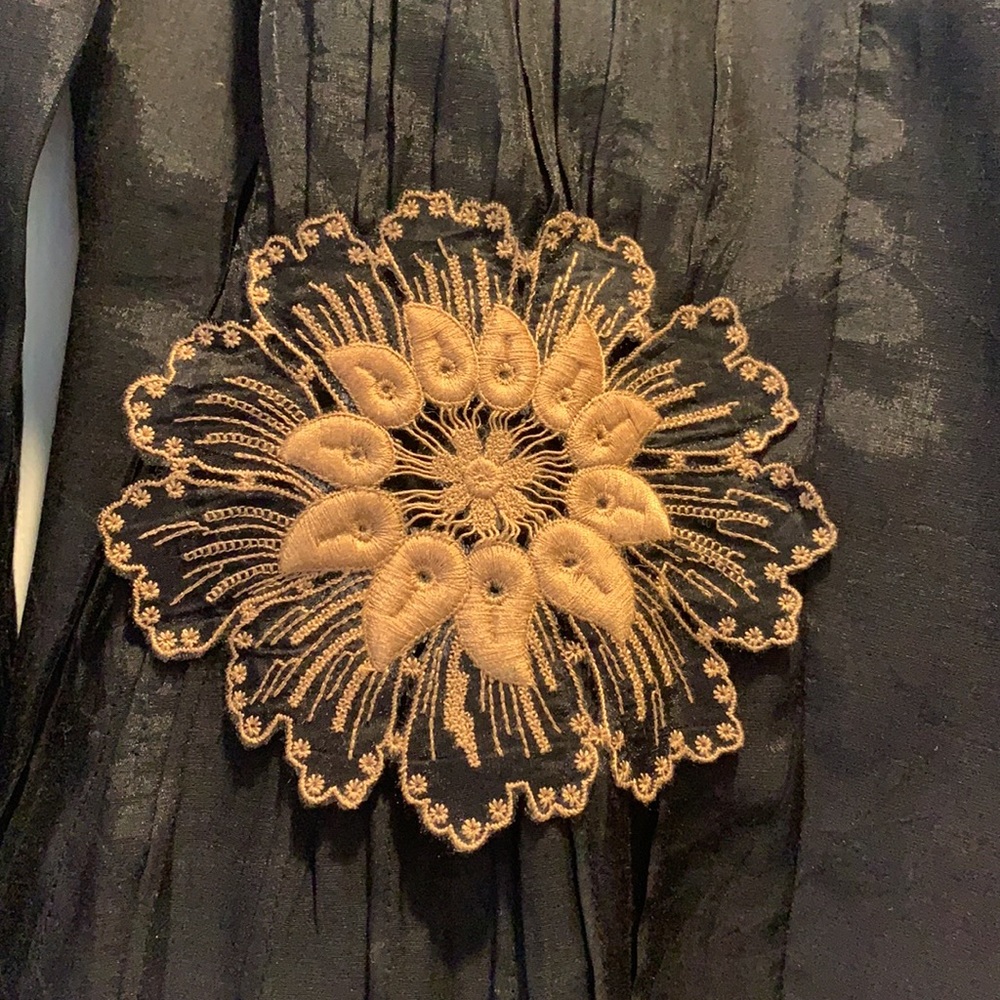 Black Organza Embroidered Flower Button Up Shirt - Picture 3 of 3